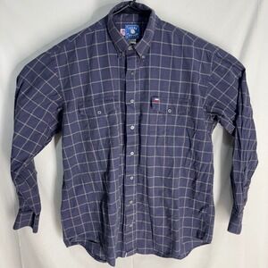 VTG Texas Cotton Button Down Shirt Mens‎ L Blue Windowpane Plaid Long Sleeve USA
